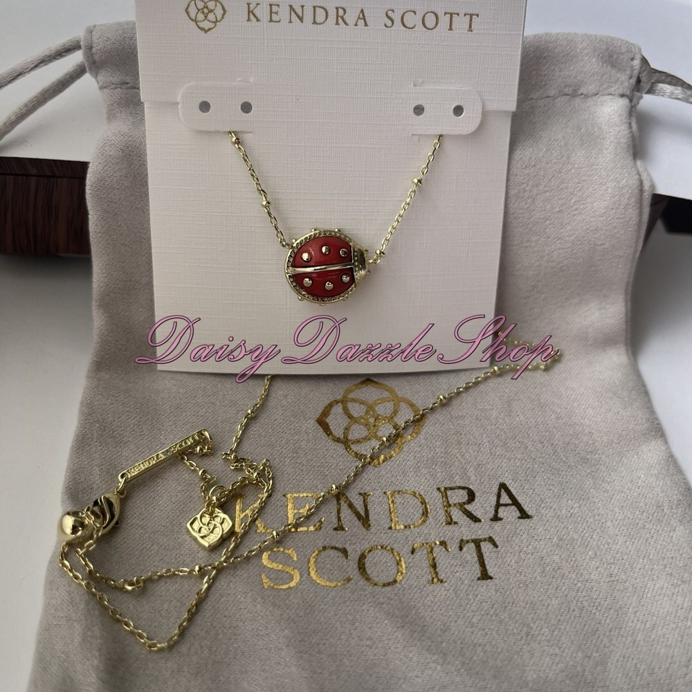 🐞New Kendra Scott Ladybug Gold Pendant Necklace In Red Vermillion Magnesite 🐞